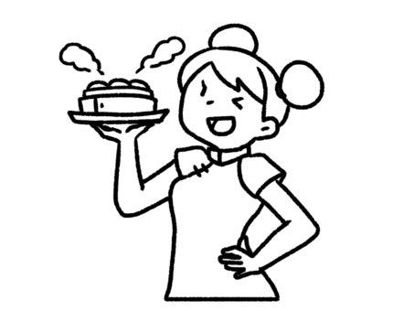 【흑백】음식차를 운반하는 중국인 여성 【선화】, 중국인, 중화 요리, 고기 만두, JPG 및 PNG